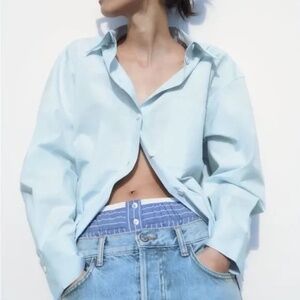 Zara Poplin Button Down Shirt NWT Blue Organic Cotton